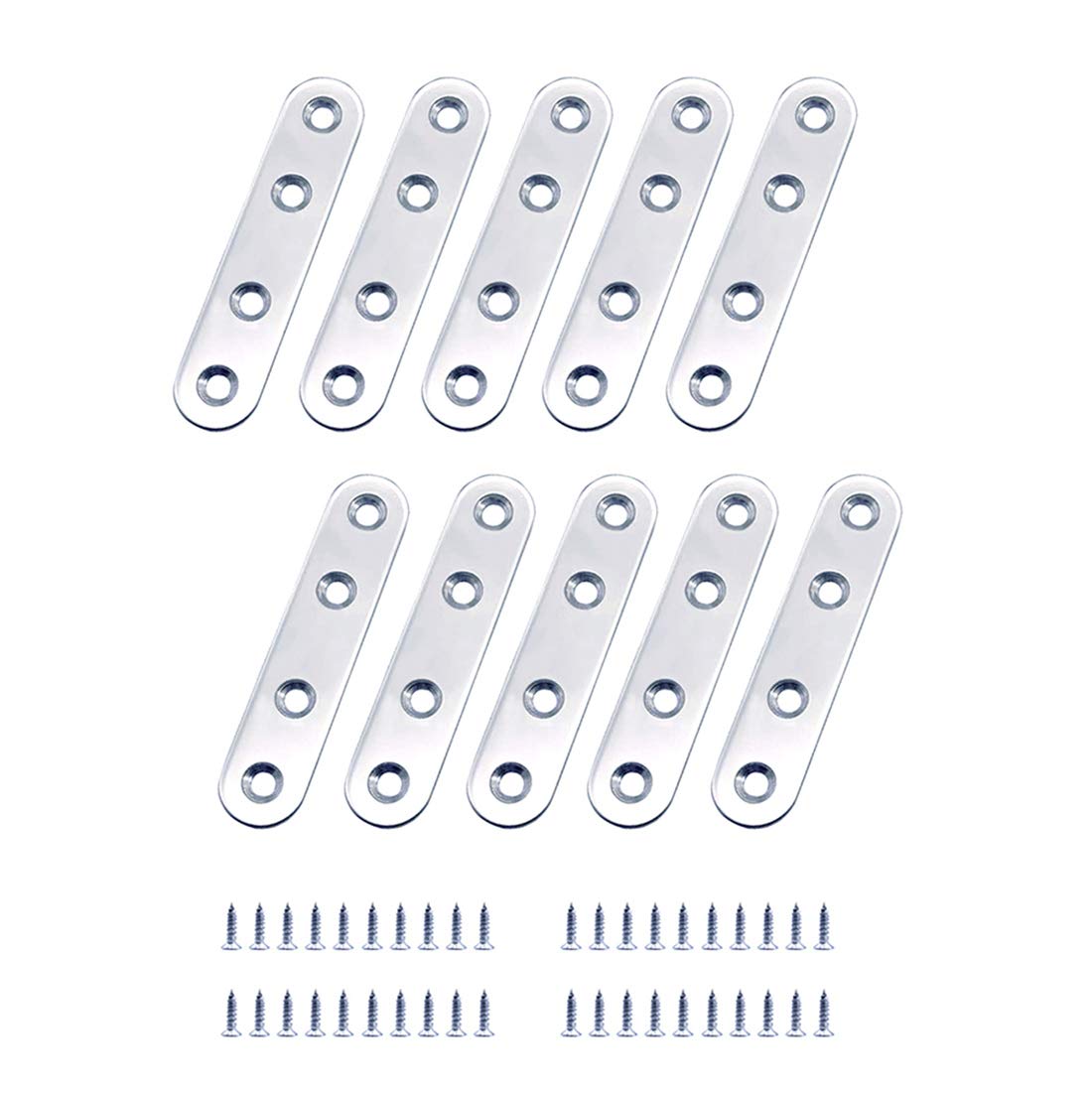 Concisea 10Pcs Stainless Steel Flat Corner Brace 77x17mm Brackets 4 Holes Heavy Duty Joining Mending Flat Plate Bracket with 40Pcs Screws