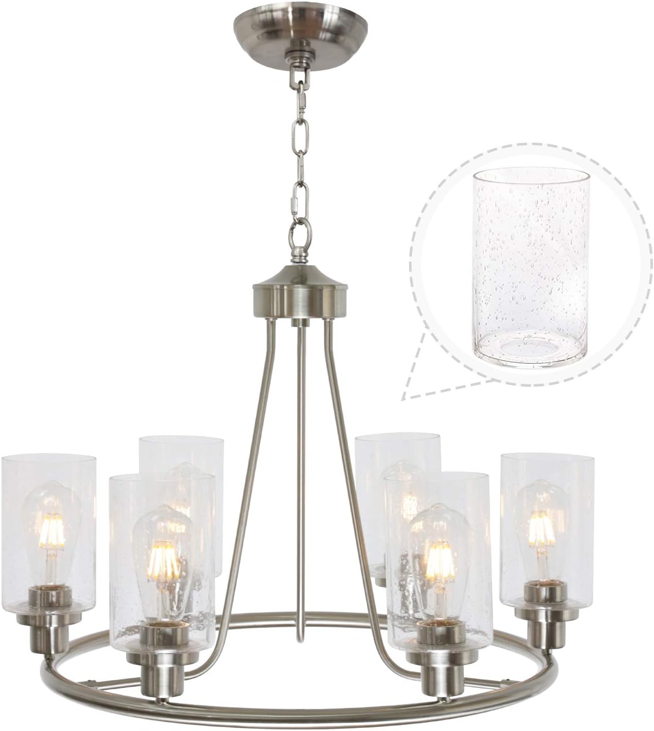 TODOLUZ 6 Lights Farmhouse Round Chandelier with Seeded Glass Hanging Light Fixture Brushed Nickel Finish for Dining Room Kitchen Island Bedroom