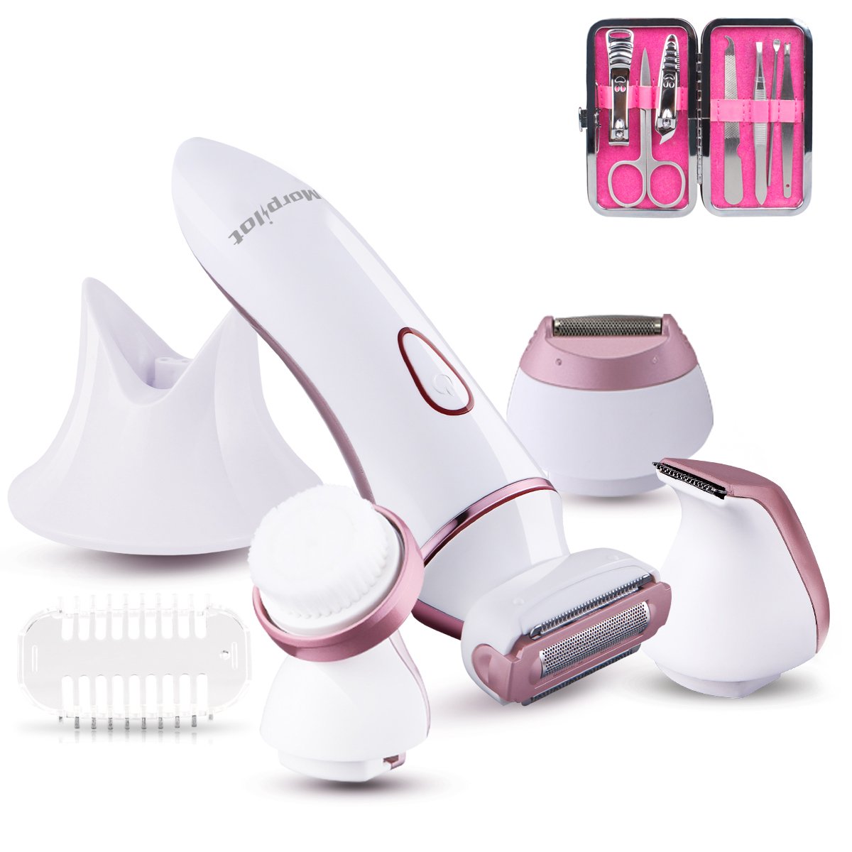 Elektrischer Damenrasierer Set, Bikini Trimmer, Morpilot 4 in1 Multifunktion Elektrorasierer Wet und Dry Damenrasierer mit EU Stecker, Frau wiederaufladbare Körperpflege Haarentfernung