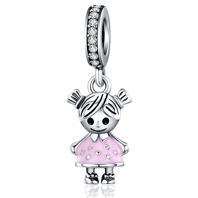 Little Girl Charm Pink Enamel CZ Dangle Charms fit Pandora