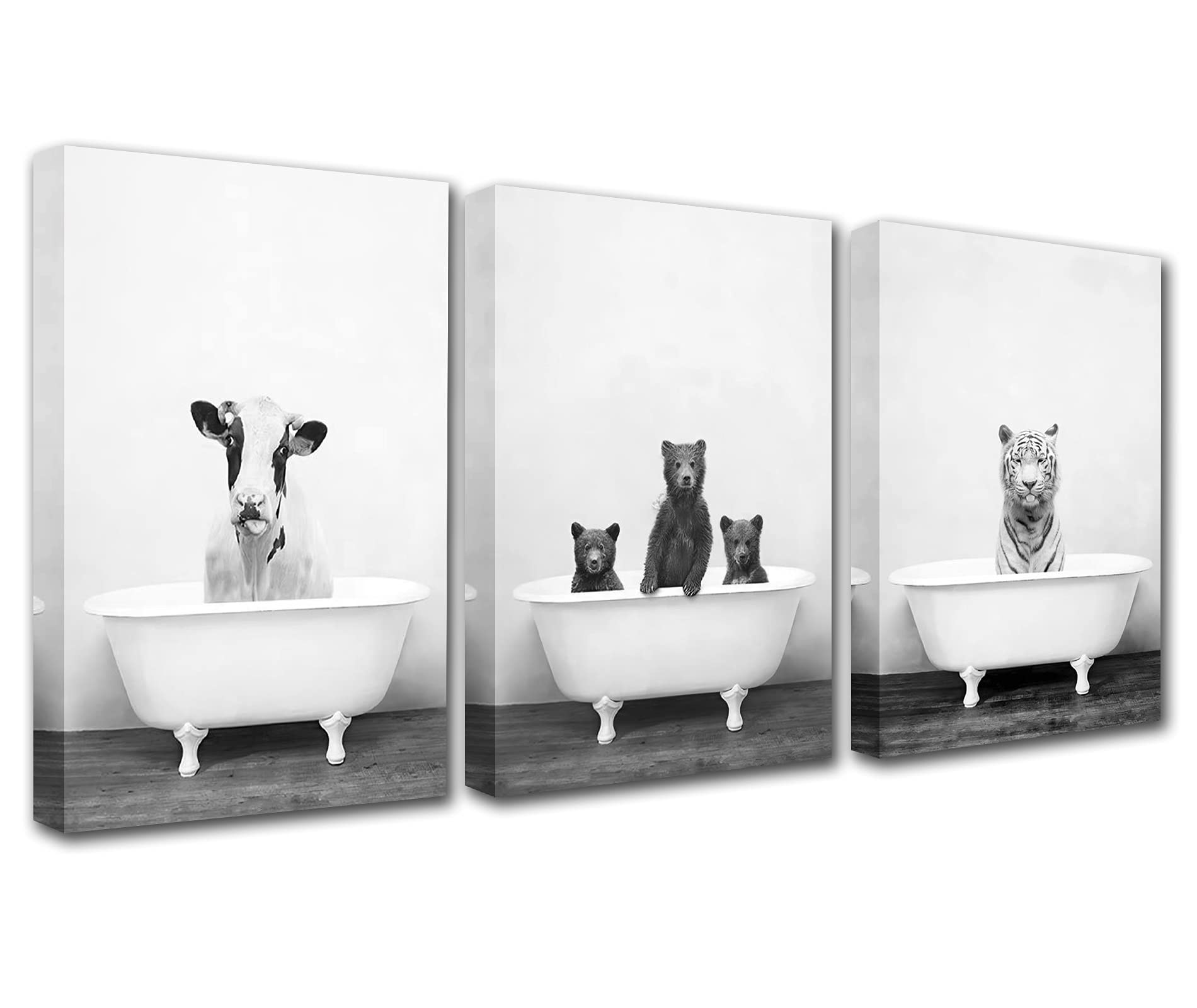 Modern Wall Decor Animals in the Bathtub Pictures Cows and Tiger Paintings 3 Panel Canvas Wall Decor Three Brown Bears Home Decor Framed Gallery-wrapped Ready to Hang Posters and Prints-42''x20''