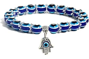 SUMMER LOVE Evil Eye Hamsa Blue Beaded Charm Stretch Bracelet Hand of Fatima Turkish Lucky Evil Eye Bracelet for Protection and Blessing