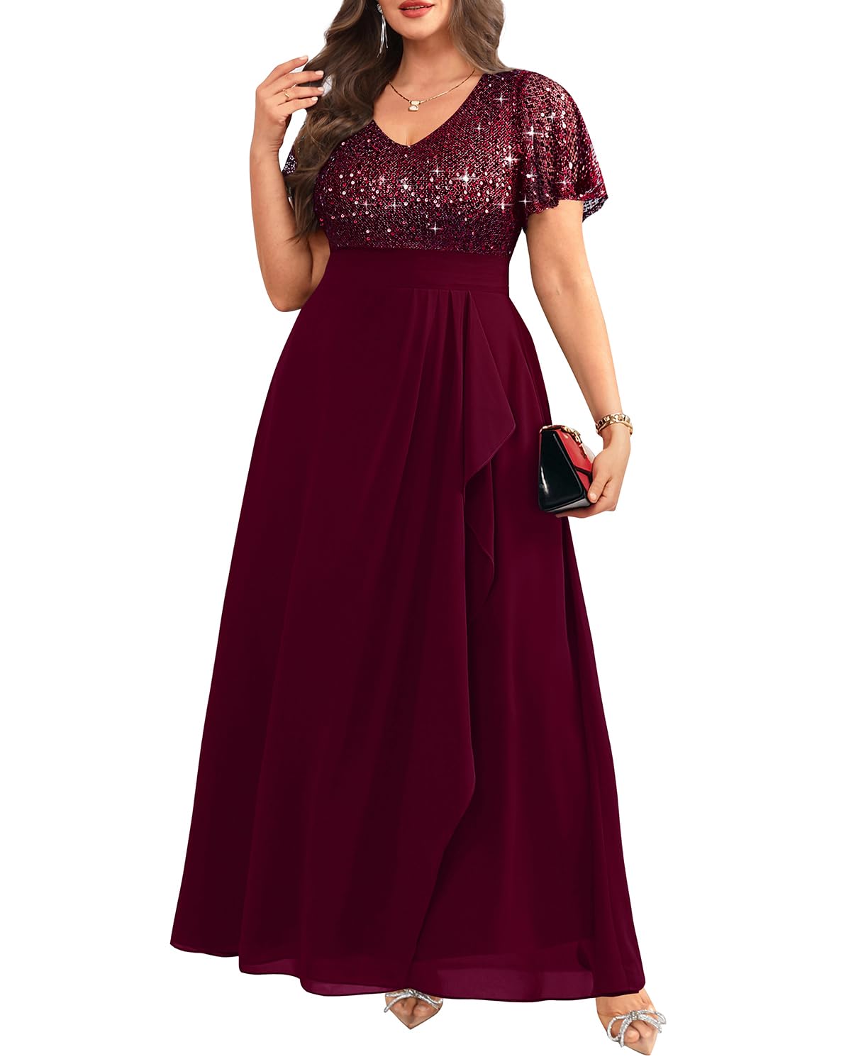 Photo 1 of 22W-Burgundy Plus Size Dresses Formal Evening Gowns Mother of Bride Long Wedding Guest Prom Christmas New Year Holiday Dress