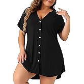 Agnes Orinda Plus Size Women's Short Sleeve Sleepshirt Soft Pajamas Dress V Neck Button Down Nightgown