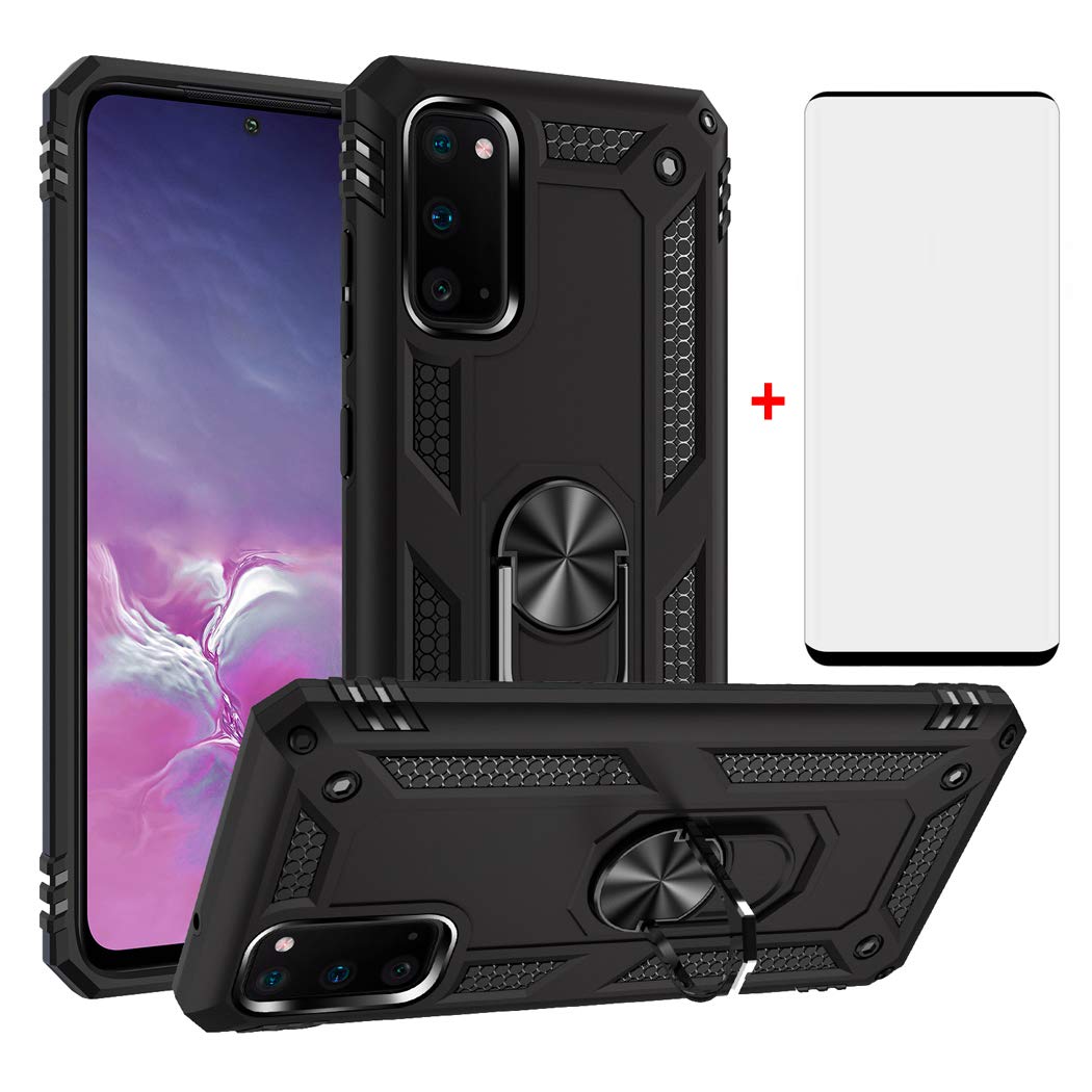 Phone Case for Samsung Galaxy S20/5G with Tempered Glass Screen Protector Cover Magnetic Stand Ring Holder Accessories Heavy Duty Rugged Protective Shockproof Hard Bumper SM-G980F/DS S 20 Mens Black