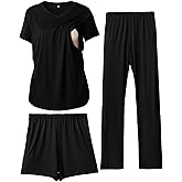 Rnxrbb 3 Piece Women's Maternity Nursing Pajamas Set V Neck Breastfeeding Pjs Sleepwear Postpartum Shorts&Pants Pockets