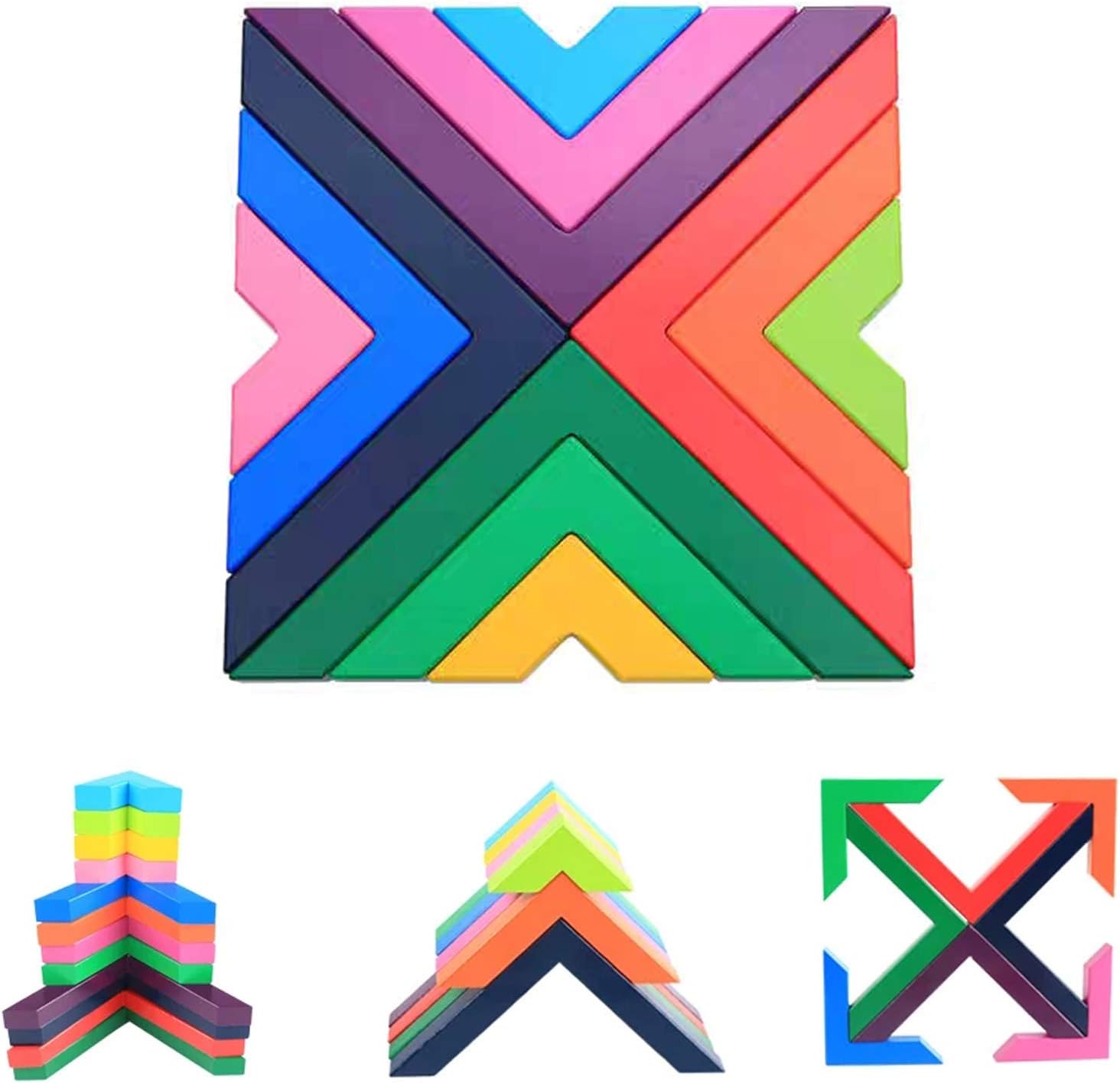 Montessori Wooden Rainbow Stacking Game 12 Piece Wood Building Blocks Toy Geometry Increase Creativity Nesting Educational Preschool Learning Toys for Kids Children Shape Color Sorter 3D Puzzles