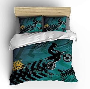 Vichonne Dirt Bike Bedding Sets Twin Size,3 Piece Motocross Racer Extreme Sports Theme Duvet Cover Sets with Pillowcases for Teens Boys Girls Bedroom Decorative,Grey,No Comforter