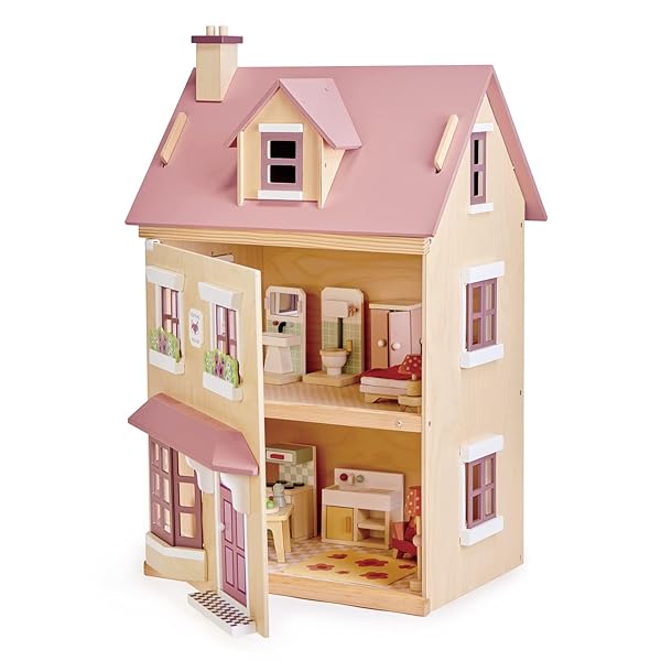TENDER LEAF TOYS – FOXTAIL VILLA – BEAUTIFUL MID-SIZED WOODEN TOWN-STYLE DOLL HOUSE WITH STARTER FURNITURE SET – MINIATURE PLAY – ENCOURAGES ROLE-PLAY AND STORY INVENTION IN BOYS AND GIRLS – AGE 3+