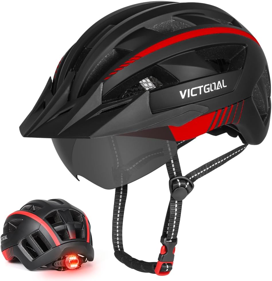 Victgoal Bike Helmet with Magnetic Goggles Visor LED Light Black Red L 57-61 cm