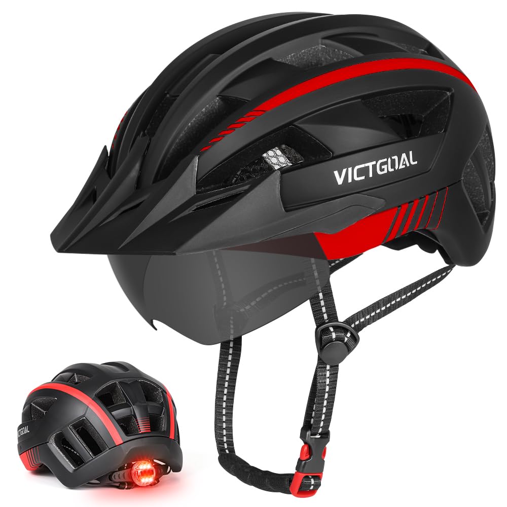 Victgoal Bike Helmet for Men Women with Led Light Detachable Magnetic Goggles Visor Mountain & Road Bicycle Helmets Adjustable Size Adult Cycling Helmets (Black Red, XL: 23.2-24.8 inch (59-63 cm))