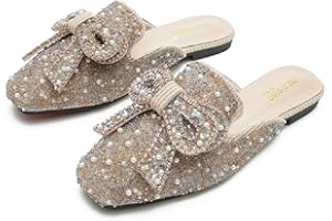 SAFECAMS Women's Rhinestone Bow Flat Mules Comfortable Square Toe Slip on Penny Loafers Ladies Baotou Clogs Half Slides Mules