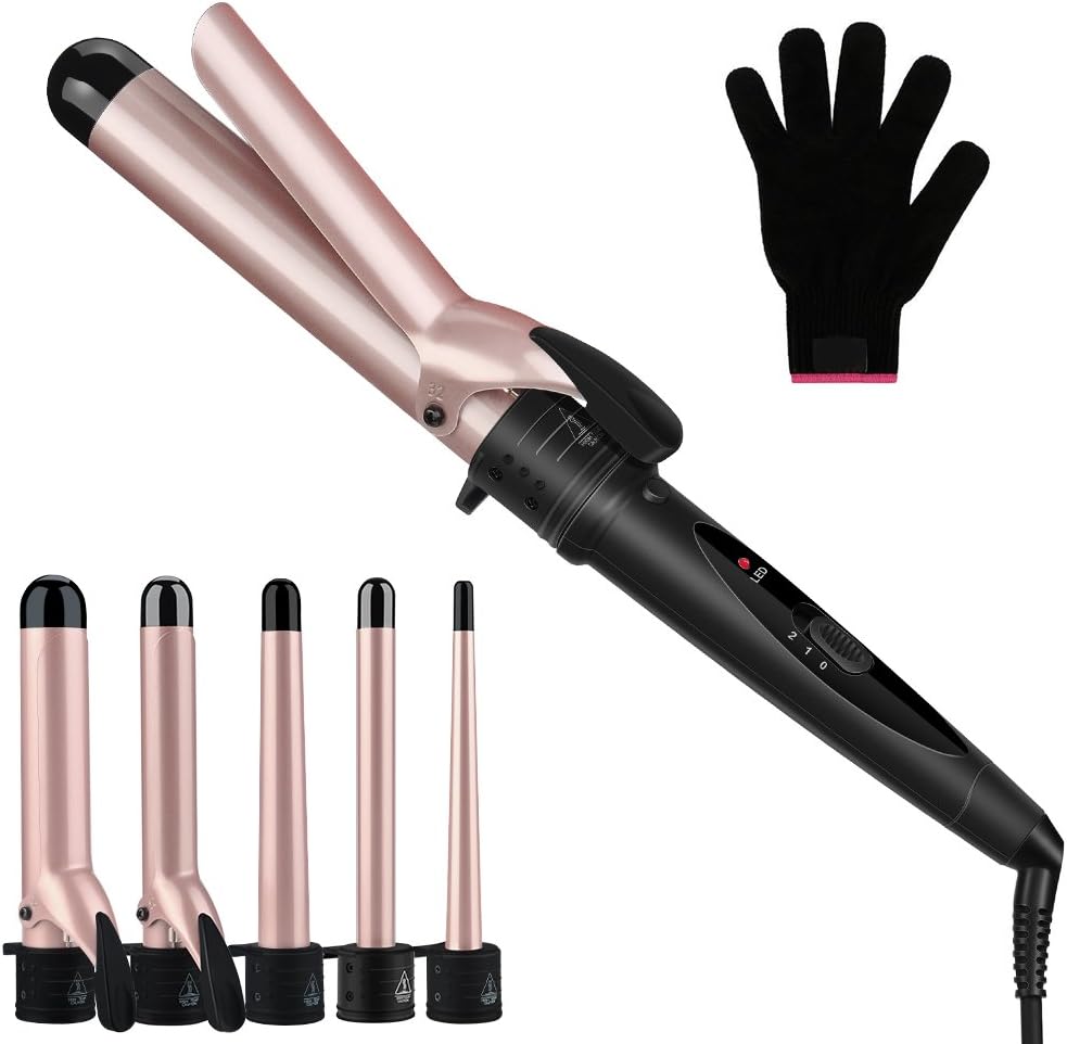 Curling Wand, 5 in 1 Curling Tongs Curling Iron with PTC Ceramic Barrels and Heat Insulated Tip