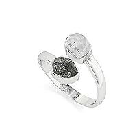 LUSTRE AND LIGHT Natural Raw/Rough Herkimer & Meteorite 2 Stone Size Adjustable Stackable Twister Ring for Women in Sterling Silver, April & August Birthstone Jewelry Gifts for Her (Bezel-Set)