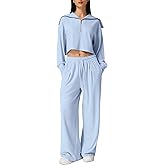 QINSEN Women Cozy 2 Piece Lounge Matching Set Wide Leg Sweatpants Half Zip Crop Sweatshirt Outfits