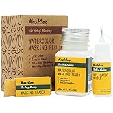 MaskGoo Watercolor Masking Fluid Set with Low Odor Formula, 50ml (1.7 fl oz), Applicator & Eraser