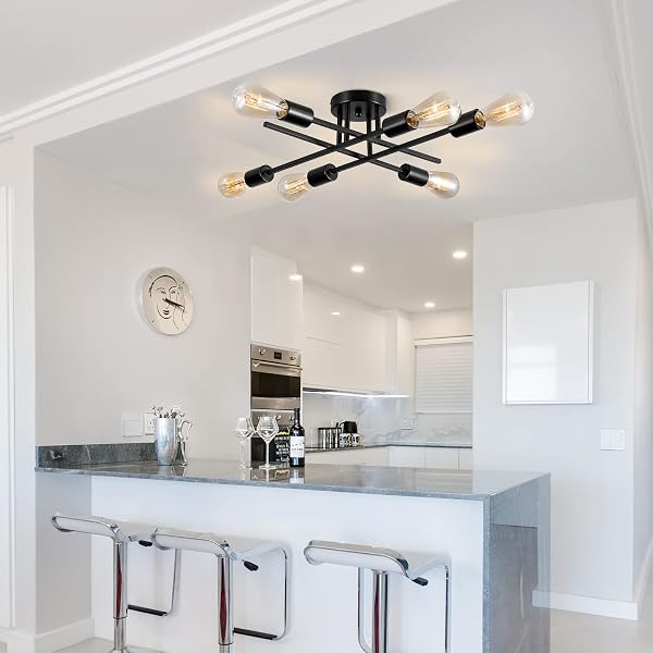 BRKNIT SPUTNIK CHANDELIERS, MODERN SEMI FLUSH MOUNT CEILING LIGHT WITH E26 BASE, MID CENTURY INDUSTRIAL KITCHEN FARMHOUSE LIGHT FIXTURES FOR BEDROOM LIVING ROOM (BLACK, CEILING 6 LIGHTS (LENGTHEN))