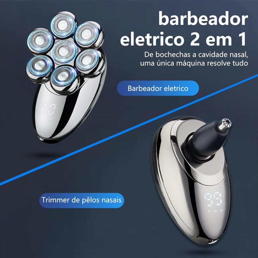 Barbeador Elétrico Masculino com 7 Lâminas Flutuantes 360°, IPX7 à Prova D'água, Máquina de Barbear USB Recarga Rápida, 50 Minutos Autonomia, Display LED + Acessórios (Cortador de Pelos Nasais)