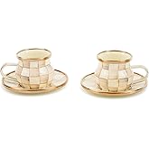 MACKENZIE-CHILDS Espresso Cup and Saucer Set, Cute Small Coffee Cups and Saucers, Set of 2, Brown-and-White Mocha Check