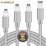 BULESK Phone Cable 4Pack 3FT 6FT 6FT 10FT Nylon Braided Certified Charger Cable USB Cord Charging Charger Compatible iPhone 8, X, 7, 7 Plus, 6, 6s, 6+, 5, 5c, 5s, SE, iPad, iPod Nano-Grey