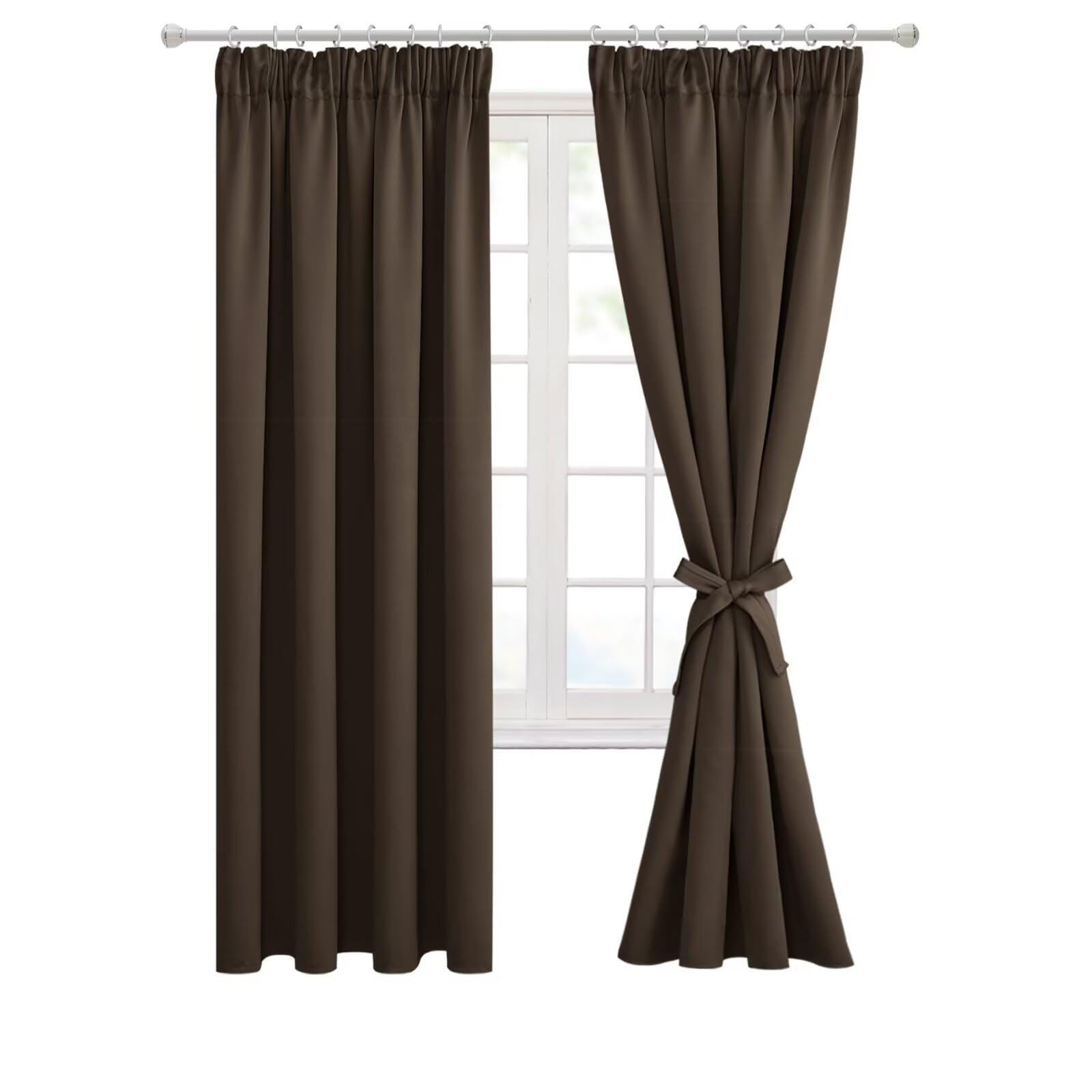 Hiasan Pencil Pleat Blackout Thermal Insulated Curtains, Bedroom and Living Room with Tiebacks, Energy Saving and Noise Reducing, 2 Panels, 46 x 72 Inch, Brown