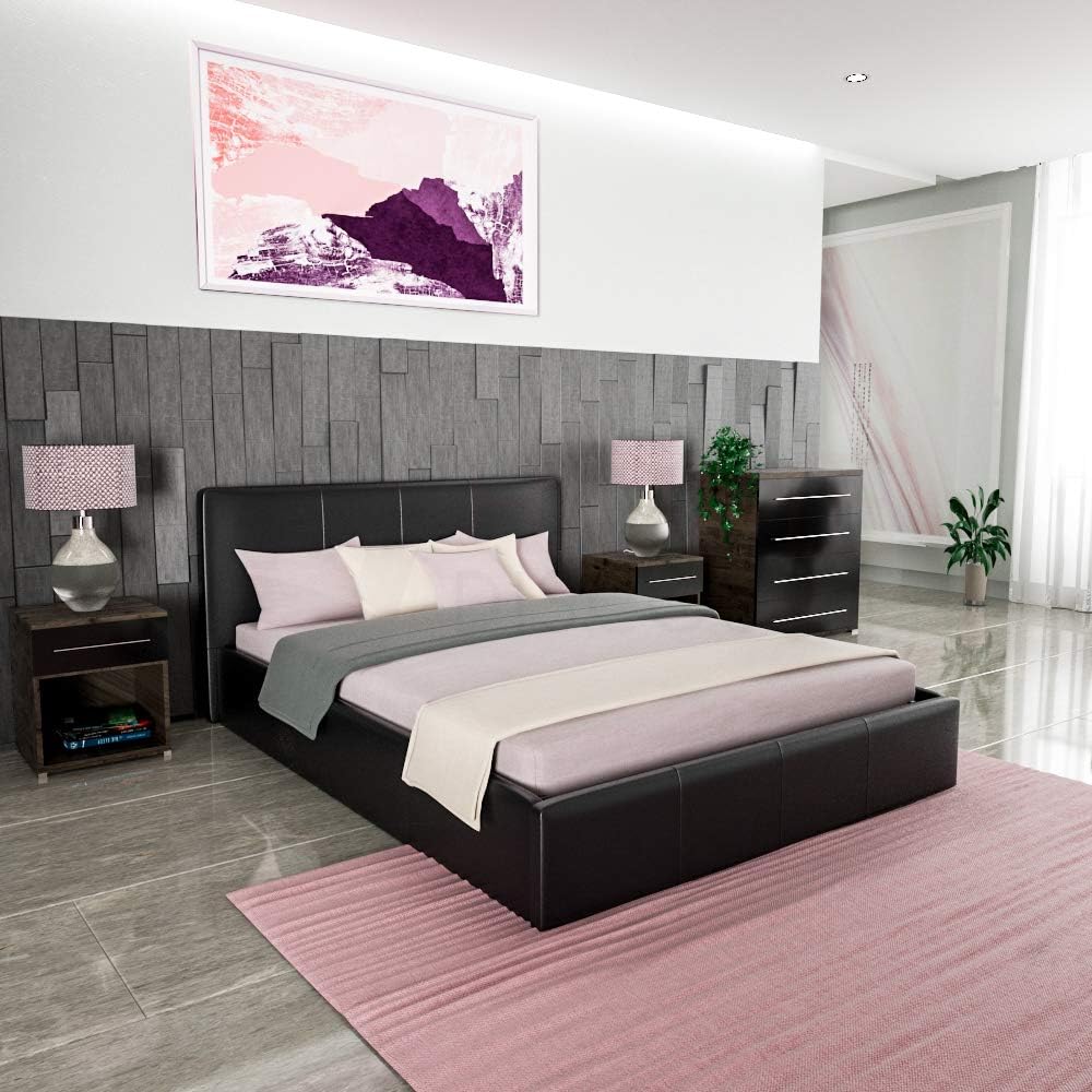 Vida Designs Lisbon King Size Bed, 5Ft Ottoman Bed Frame Upholstered Faux Leather Headboard Low Foot End Bedroom Furniture