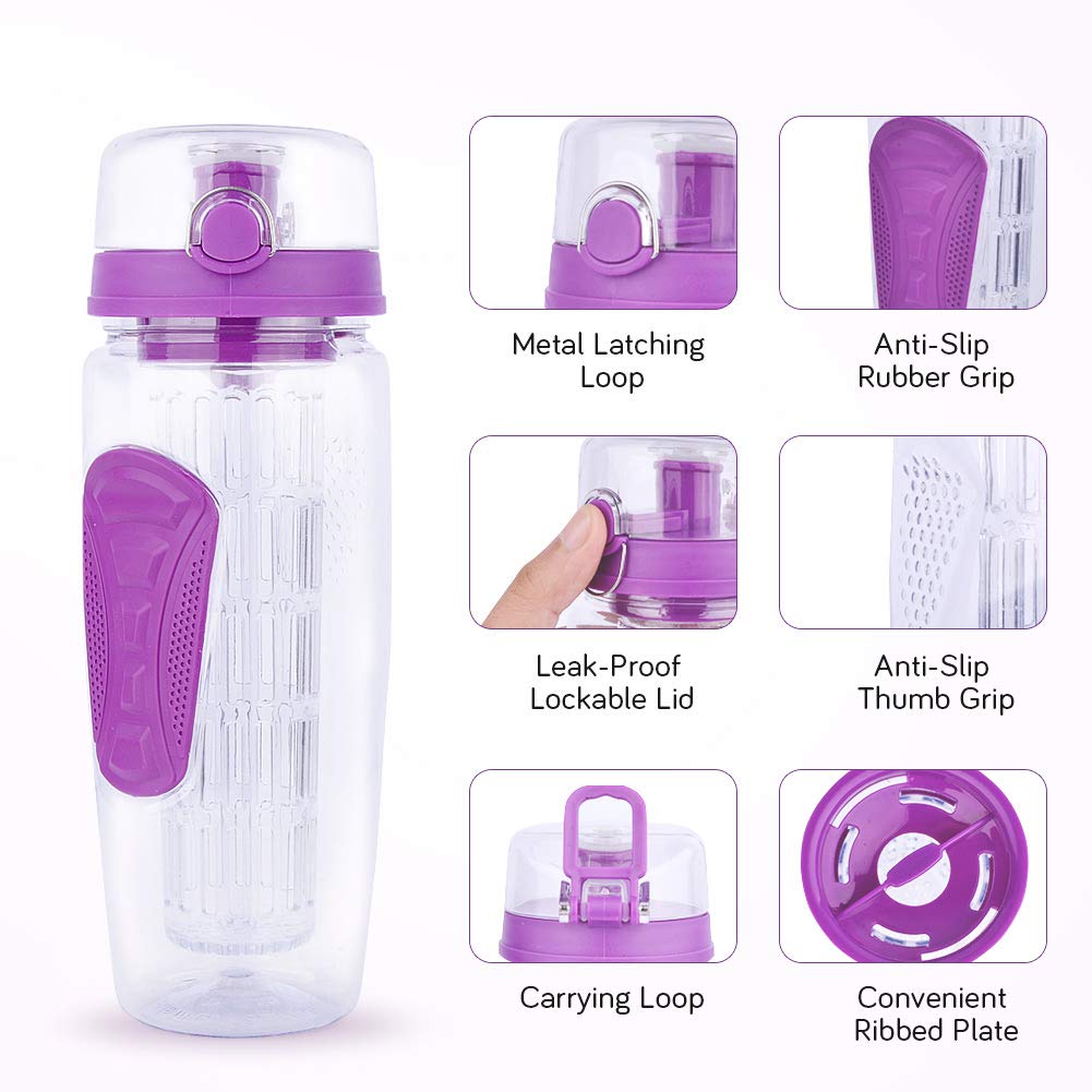 Yishik 2 in 1 Fruit Infuser Water Bottle Large 32oz Featuring a Full Length Infusion Rod， BPA-Free Fruit Infusion Sports Bottle - Flip Top Lid，Drinking Spout, Leak Proof, Made of Durable Tritan