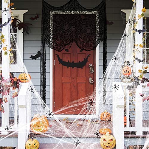 VGOODALL Halloween Spinnennetz Deko Set, Schwarz Spitze Spinnweben Dekoration mit 30 Spinnen für Karneval Halloween Kamin Fenster Tisch Tür Dekostoff