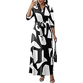 FANDEE Maxi Dresses for Women V Neck Casual A-line Dress 3/4 Sleeve Semi Formal Dress for Women
