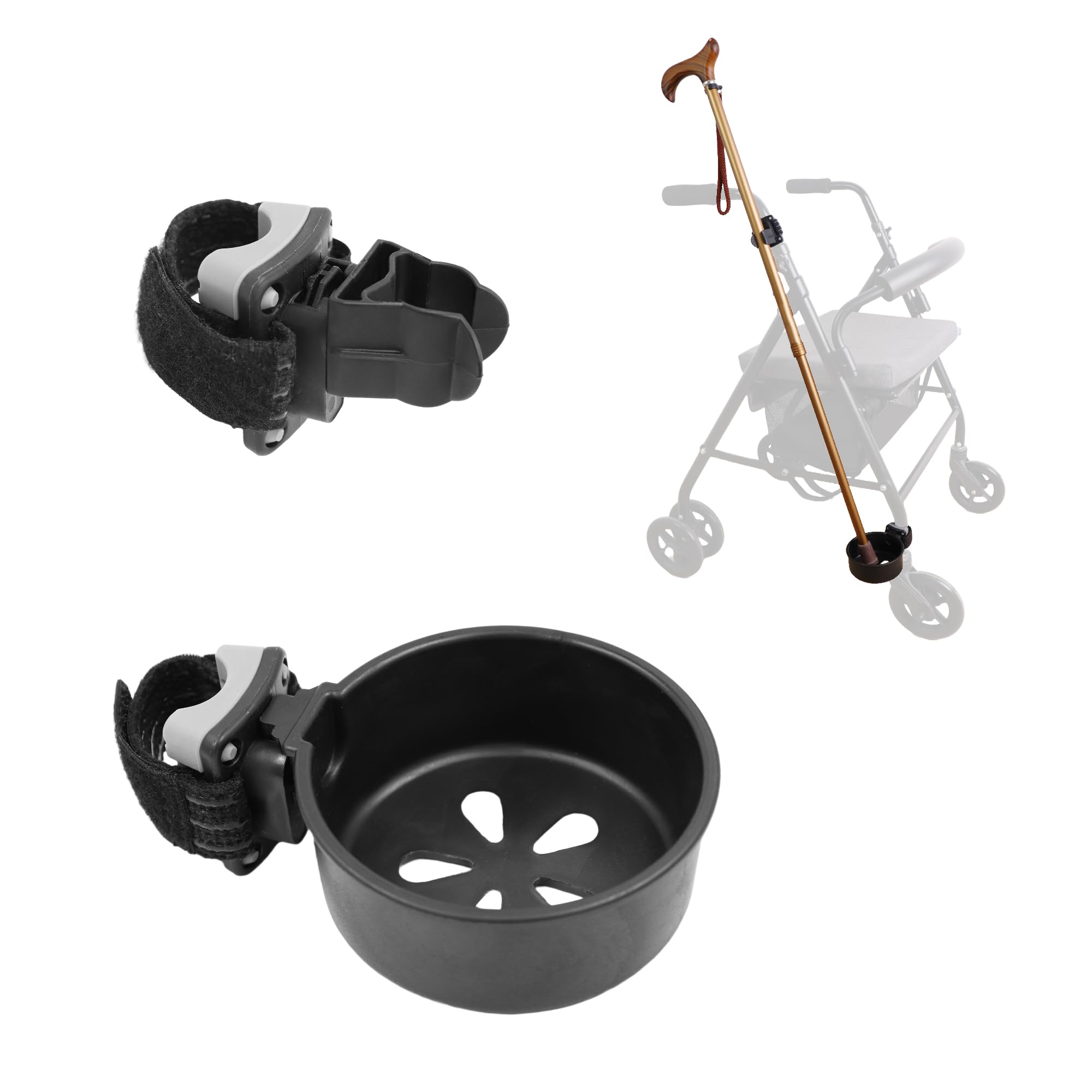KMINA Walking Stick Holder for Wide Ferrules, Universal Cane Holder for Mobility Scooter, Crutches & Wheelchair Accessories, Patented - Made in Europe