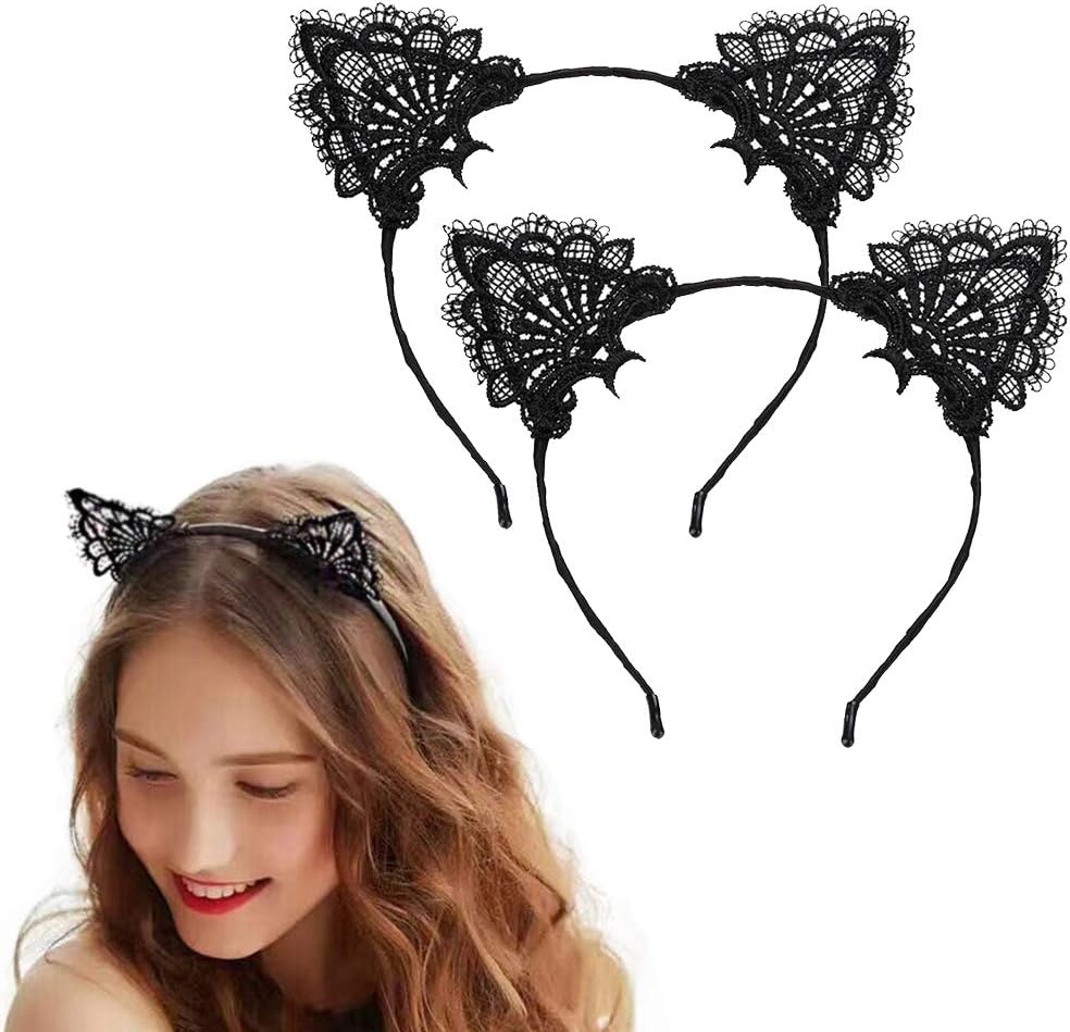 SUNTRADE 2PCS Lace Cat Ears Headband Exquisite Sweet Sexy Women Hair Accessories, Black, 2 Count (Pack of 1)