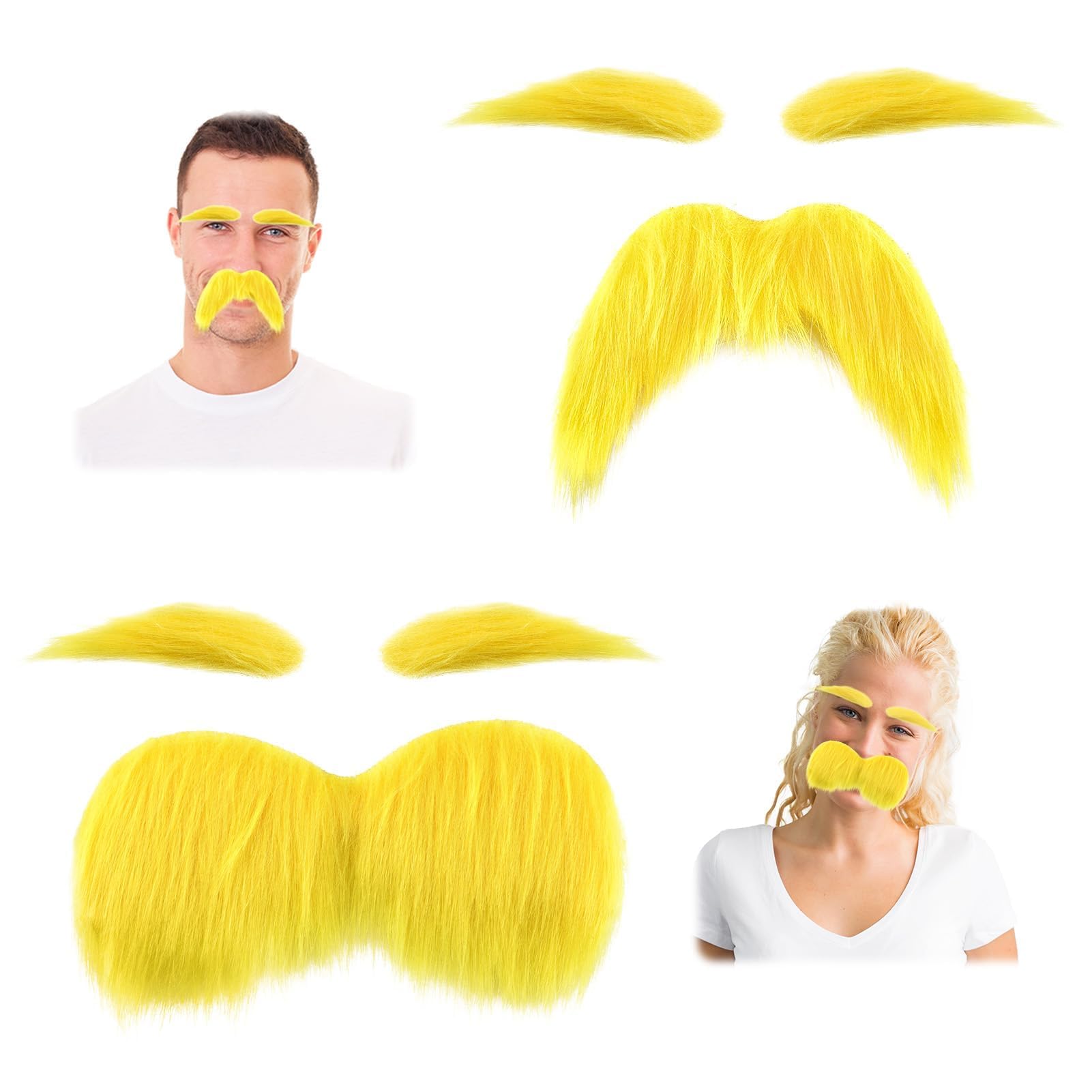 2Pairs Yellow Mustache and Eyebrows Self Adhesive Fake Beard Eyebrows Set Realistic Stick on Mustache Stickers Funny Old Man Costume Halloween Christmas Party Cosplay Favor Dress Up for Men Women Kids