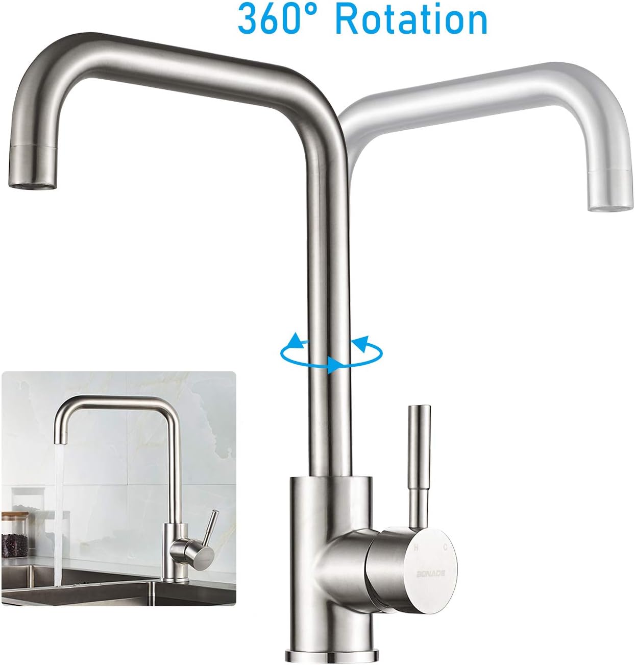 WOOHSE Kitchen Tap with 360° Rotatable Swivel Spout, Stainless Steel ...