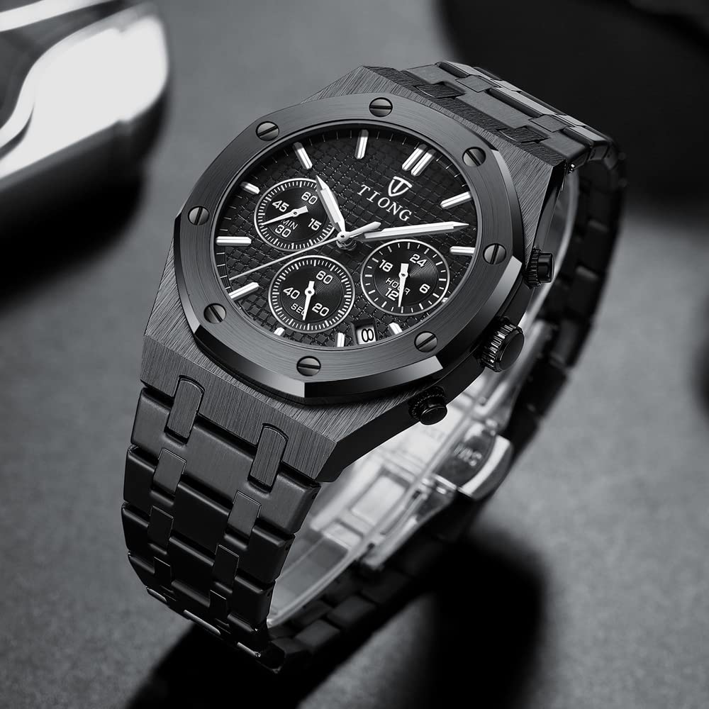 Tiong Men's Watch Chronograph Stainless Steel Waterproof Quartz Business Watch Men