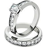 Marimor Jewelry 3.25 Carat Cubic Zirconia Stainless Steel 316 Engagement Wedding Ring Set Size 5-10