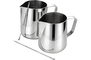 Neavessi Pack of 2 Milk Pitcher 20oz(600ml) & Latte Art Pen, 304 Stainless Steel Milk Cup, Measurement Marks, Silver