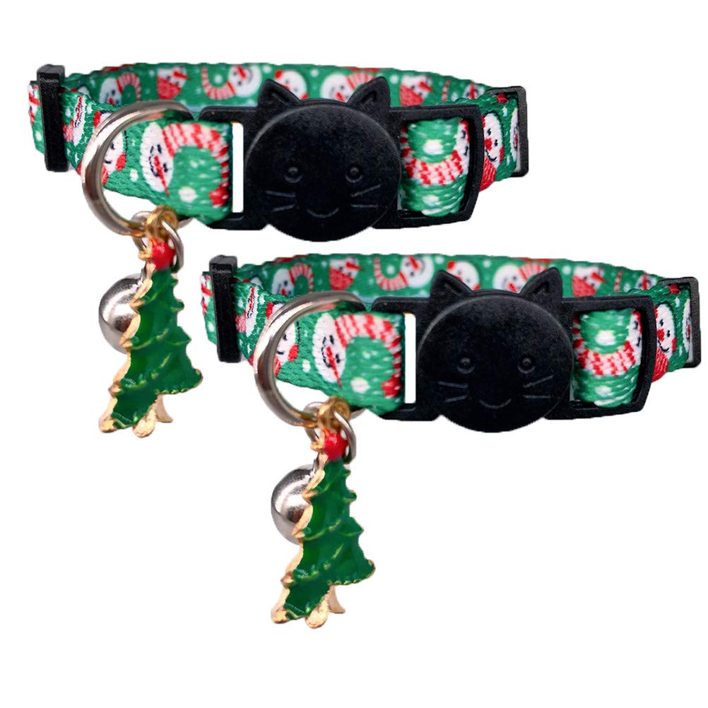 Cluos 2 Pack Christmas Cat Collars Quick Release with Bell and Charm Safety Kitten Collars Adjustable 19-30cm（Green）