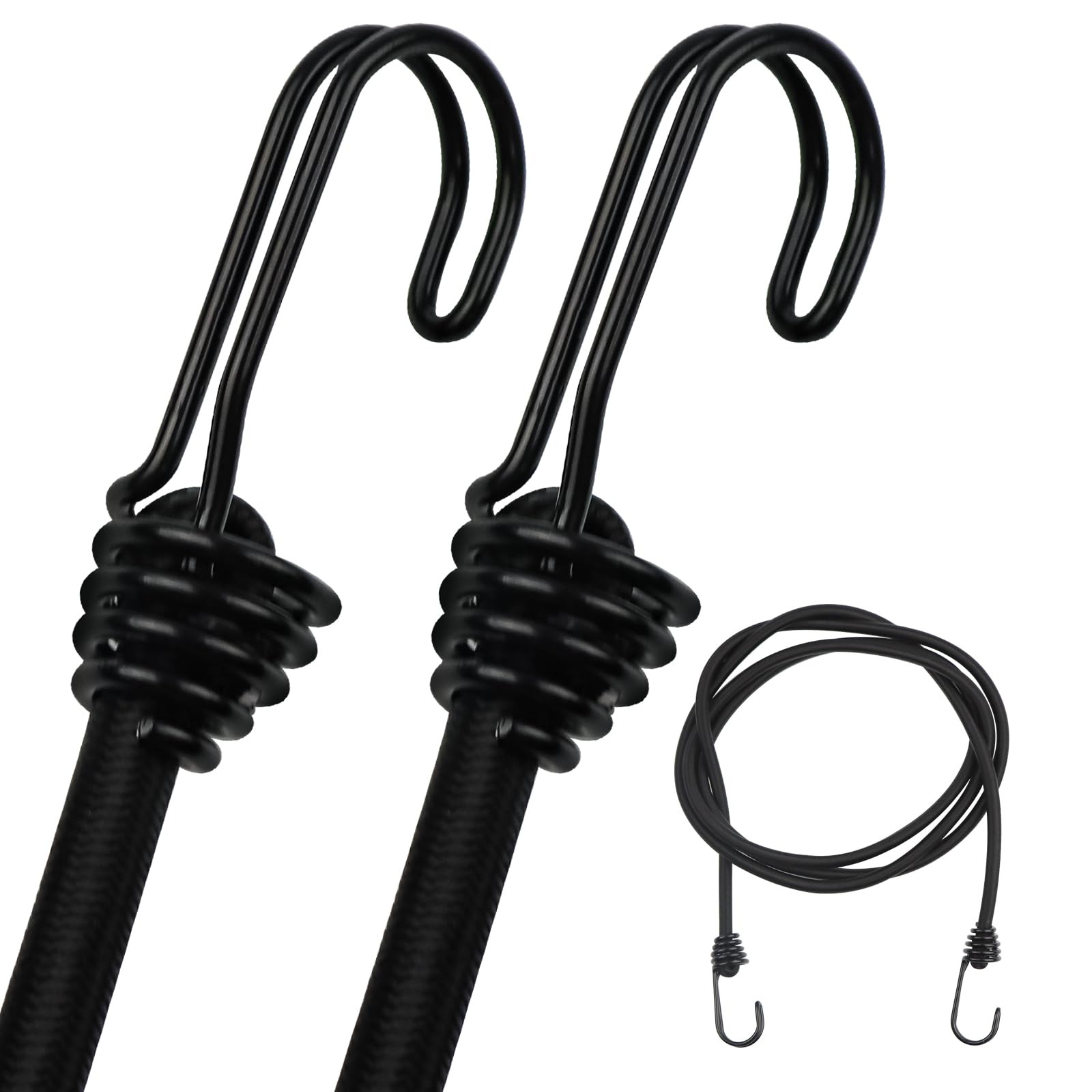 DRERIO 2 Pcs Bungee Cord with Double-row Hook 2m Heavy Duty Bungee Straps, Luggage Tie Downs Black Elastic Rope with Metal Hooks, Long Sizes Bundy Cord for Motorcycle Car Caravan Trunks Locking