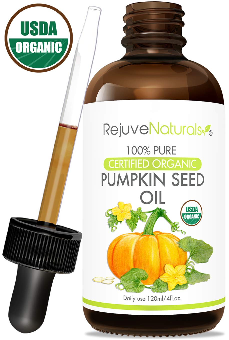 Organic Pumpkin Seed Oil (LARGE 4-OZ Bottle) USDA Certified Organic, 100% Pure, Cold Pressed. Boost Hair Growth for Eyelashes, Eyebrows & Hair. Overactive Bladder Control for Men & Women. Moisturizer: Beauty
