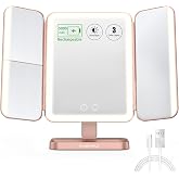 EASEHOLD Trifold Lighted Makeup Vanity Mirror with Lights and Magnification | 5000mAh Rechargeable Large Travel Make up Mirror,116 LEDs,3 Color Modes,2X 3X 10X Magnifying, Touch Sensor,Gifts for Women