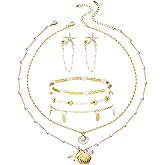 Quelay Shell Starfish Necklace Earrings Bracelets Summer Beach Seashell Layered Charm Necklace Beaded Bracelet for Women Holiday Jewelry Set