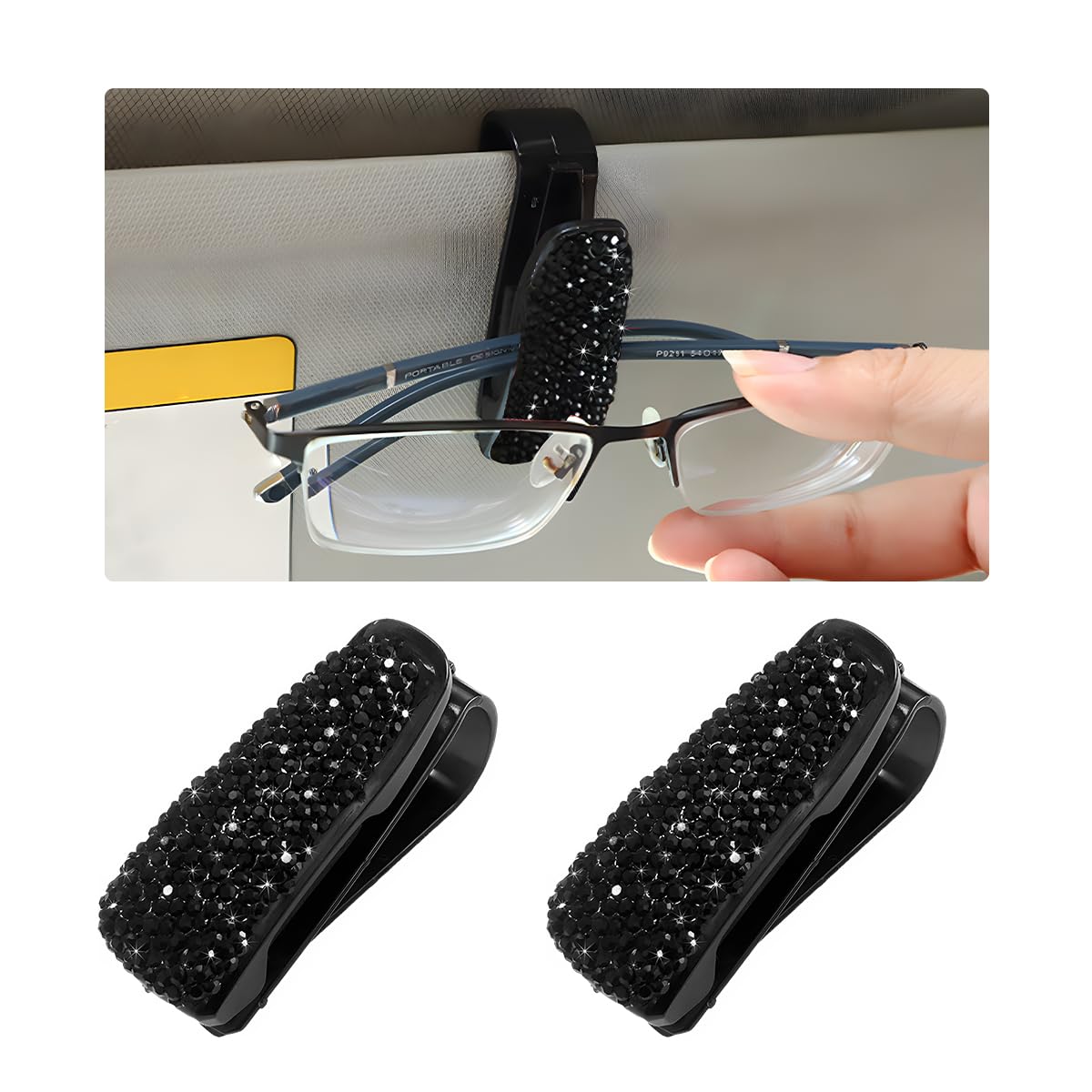 Photo 1 of Wevdn 2 PCS Car Sun Visor Glasses Holder, Fashion Bling Car Eyeglasses Sunglasses Hanger for Women Girls, Glasses Holder Clip Hanger Mount with Ticket Card Clip, Car Accessories (Black)