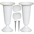 Metal Cemetery Vase, Flower Vases with Metal Base and Stakes for Home Tabletop, Cemetery Flowers, Memorial Grave Decorations (White, 2Pcs)