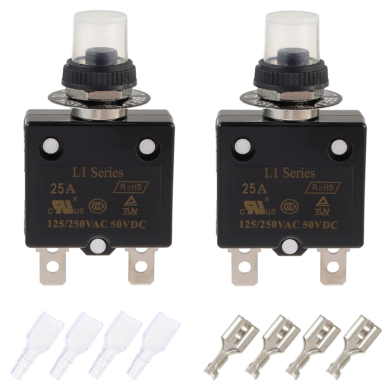 EPLZON 25A Manual Reset Push Button Circuit Breaker 125/250V AC 50V DC Thermal Overload Protector with Quick Connect Terminals and Waterproof Button Caps Assortment Kit(pack of 2 pcs)