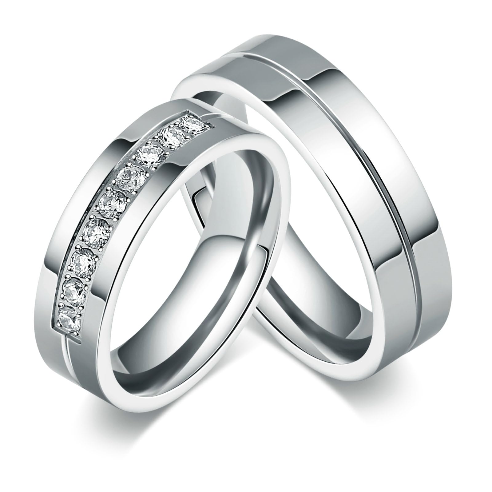 Bishilin Stainles Steel 6Mm Promise Rings for Couples Set with 2 Rings Women Size R 1/2 & Men Size T 1/2