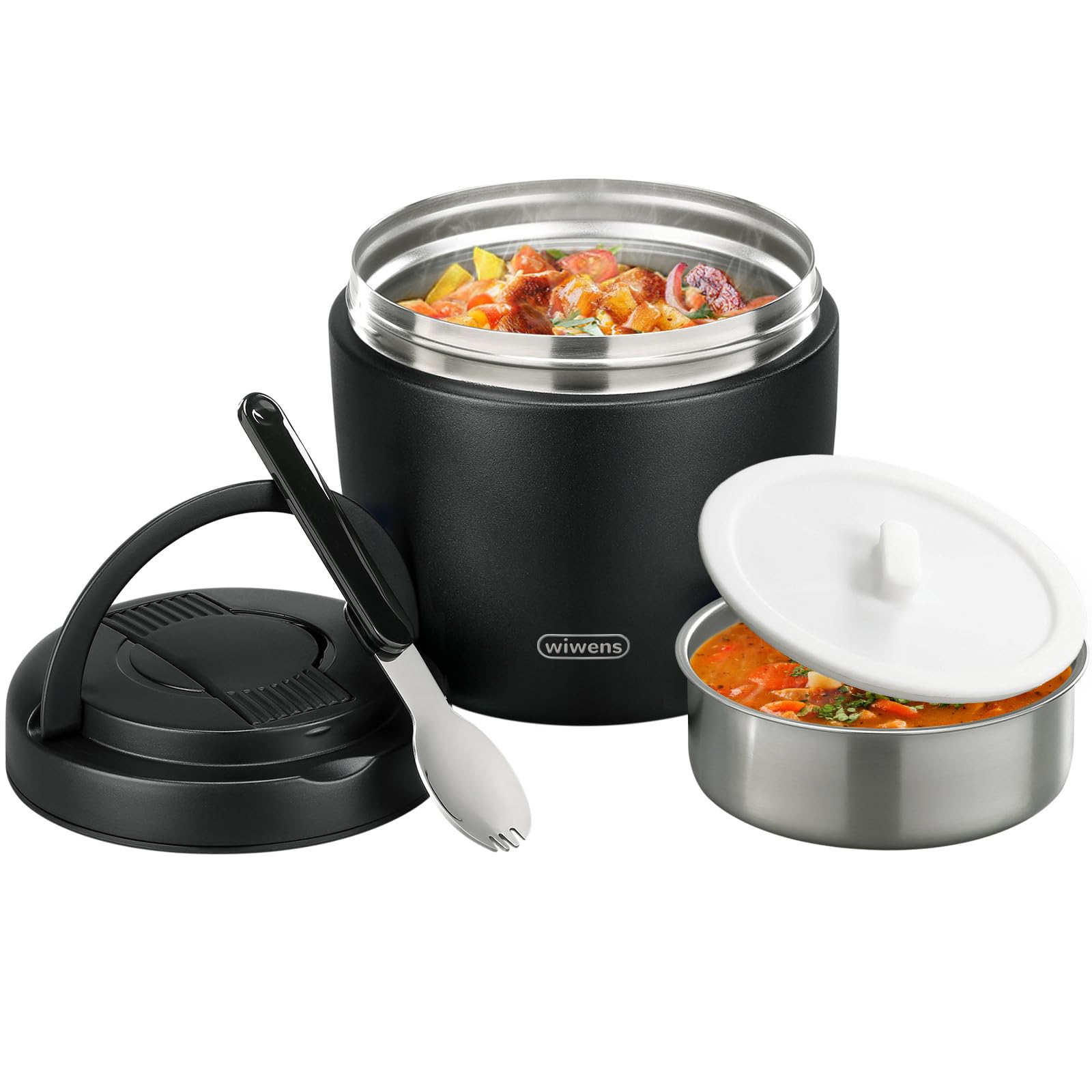 Photo 1 of wiwens Thermo Food Jar for Hot Food Adults 32OZ Soup Thermo Lunch Containers Wide Mouth Vacuum Insulated Stainless Steel Leakproof Bento Box with Spoon (Black)
