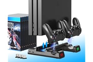 ElecGear Playstation 4 Vertical Stand and Cooling Fan, Dual Charging Station for DualShock 4 Controller Charger Dock with 4X Mini Dongle, 10x Games Storage Bracket for PS4, PS4 Pro and PS4 Slim