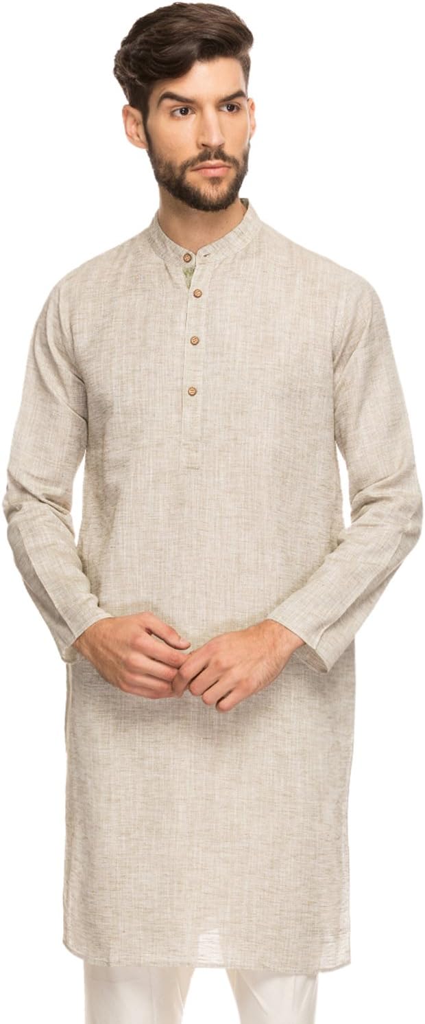 Shatranj Men's Indian Band Collar Shirt Long Tunic Kurta with Textured Space Dye