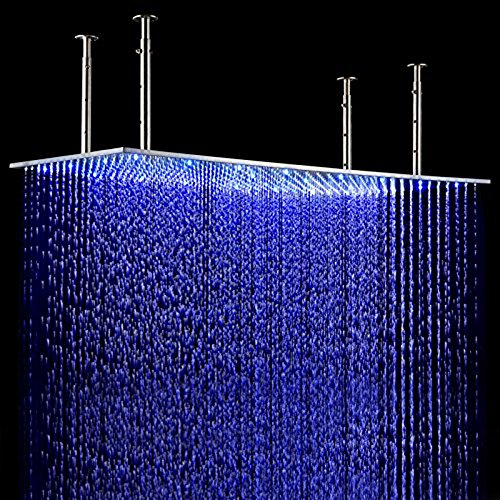 KunMai Modern Luxurious 20"x40" LED Stainless Steel Rectangle Ceiling Rain Shower Head (With LED, Brushed Nickel) - Thumbnail 2