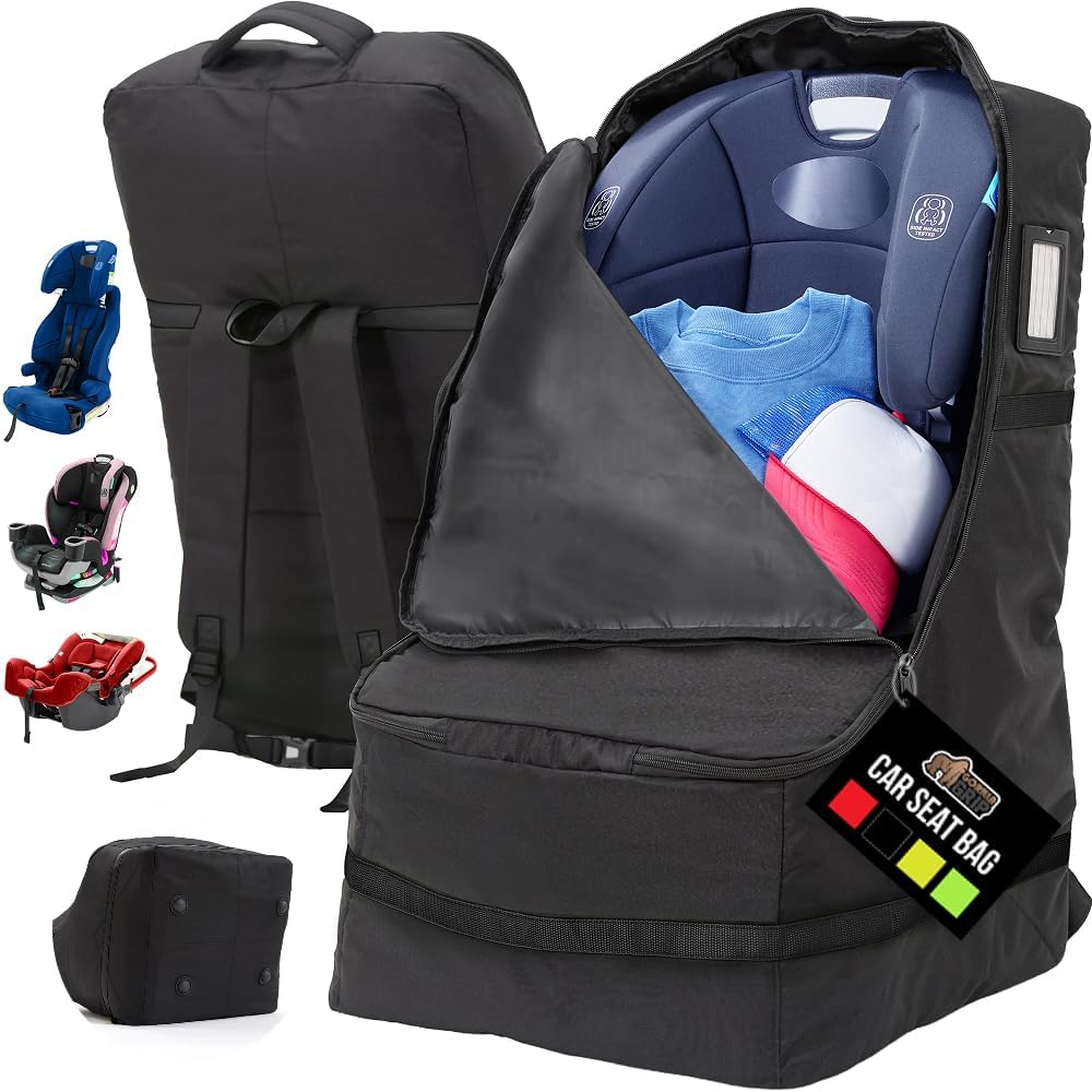 GORILLA GRIP Tear and Water Resistant Padded Car Seat Travel Bag for Airplane and Airport, Universal Fit Baby Carseat Bags, Holds Up to 50lbs, Handle & Shoulder Straps, Air Gate Check Carrier, Black